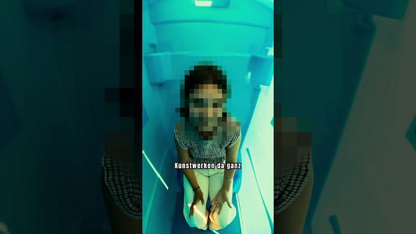 Eine Person sitzt auf einer Toilette in einem hell beleuchteten, blau getönten Badezimmer, mit deutschem Text im Bild.