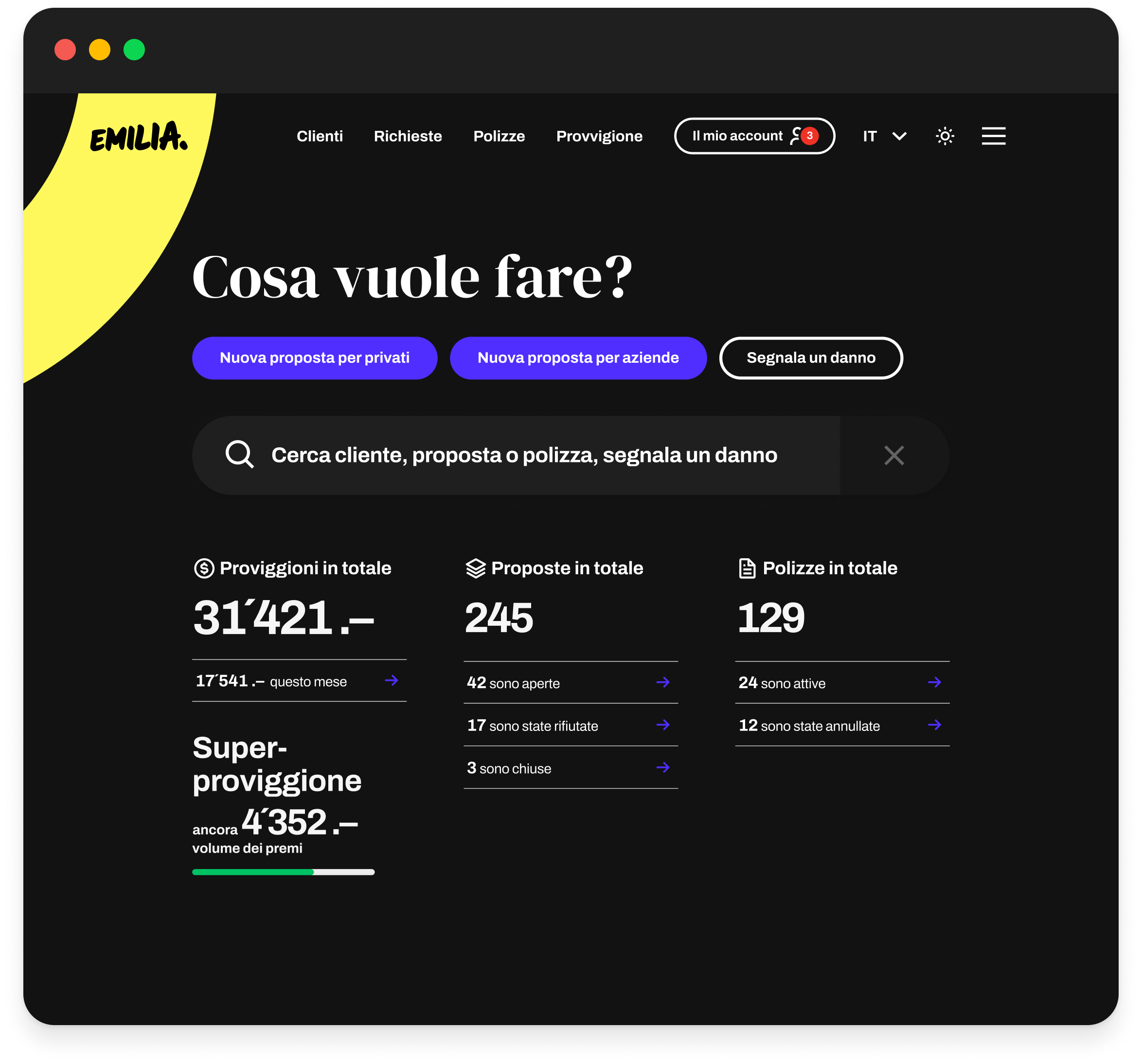 Screenshot del portale broker in modalità scura