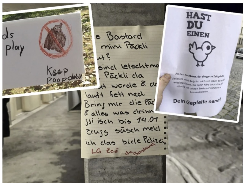 Collage aus drei echten Nachbarschaftszetteln – ein Schild gegen Hundekot, ein handgeschriebener Zettel wegen eines Päcklis und einer gegen nervtötendes Gepfeife